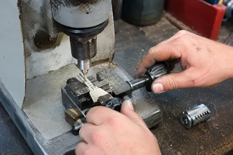 Hands operating a bench-mounted machine with a key clamped beneath a vertical cutter and a loose lock cylinder nearby. — Car Key Replacement, Toronto