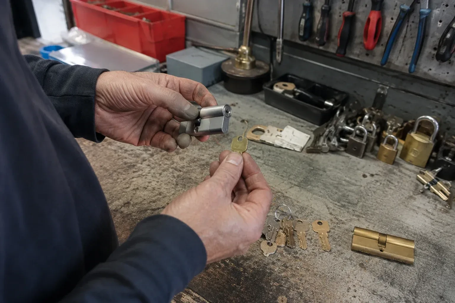 Hands holding a silver-colored lock cylinder and a brass-colored key above a workbench with padlocks, keys and tools. — Master Key System Design, Toronto