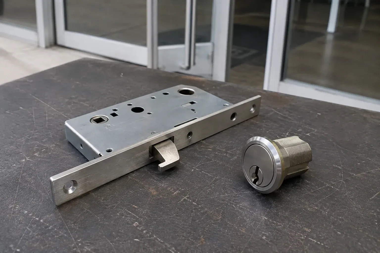Detached mortise lock body with a projecting hook-shaped bolt beside a threaded cylinder. — Commercial-Grade Lock Replacement, Toronto
