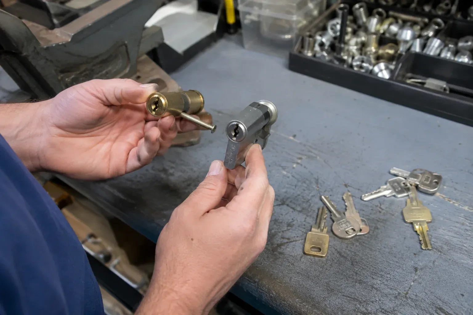 Hands comparing detached lock cylinders beside loose keys on a workbench. — Broken Key Extraction, Toronto