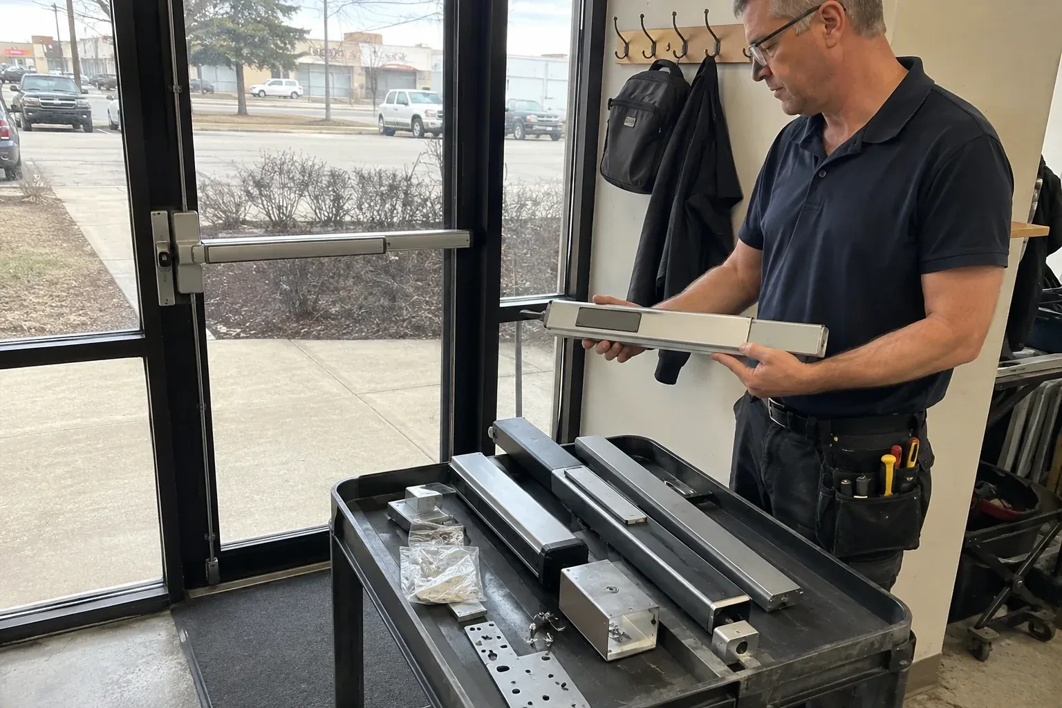 Person holding a long metal door-hardware assembly beside a cart of similar parts and a glass door fitted with a push bar. — Panic & Exit Hardware, Toronto