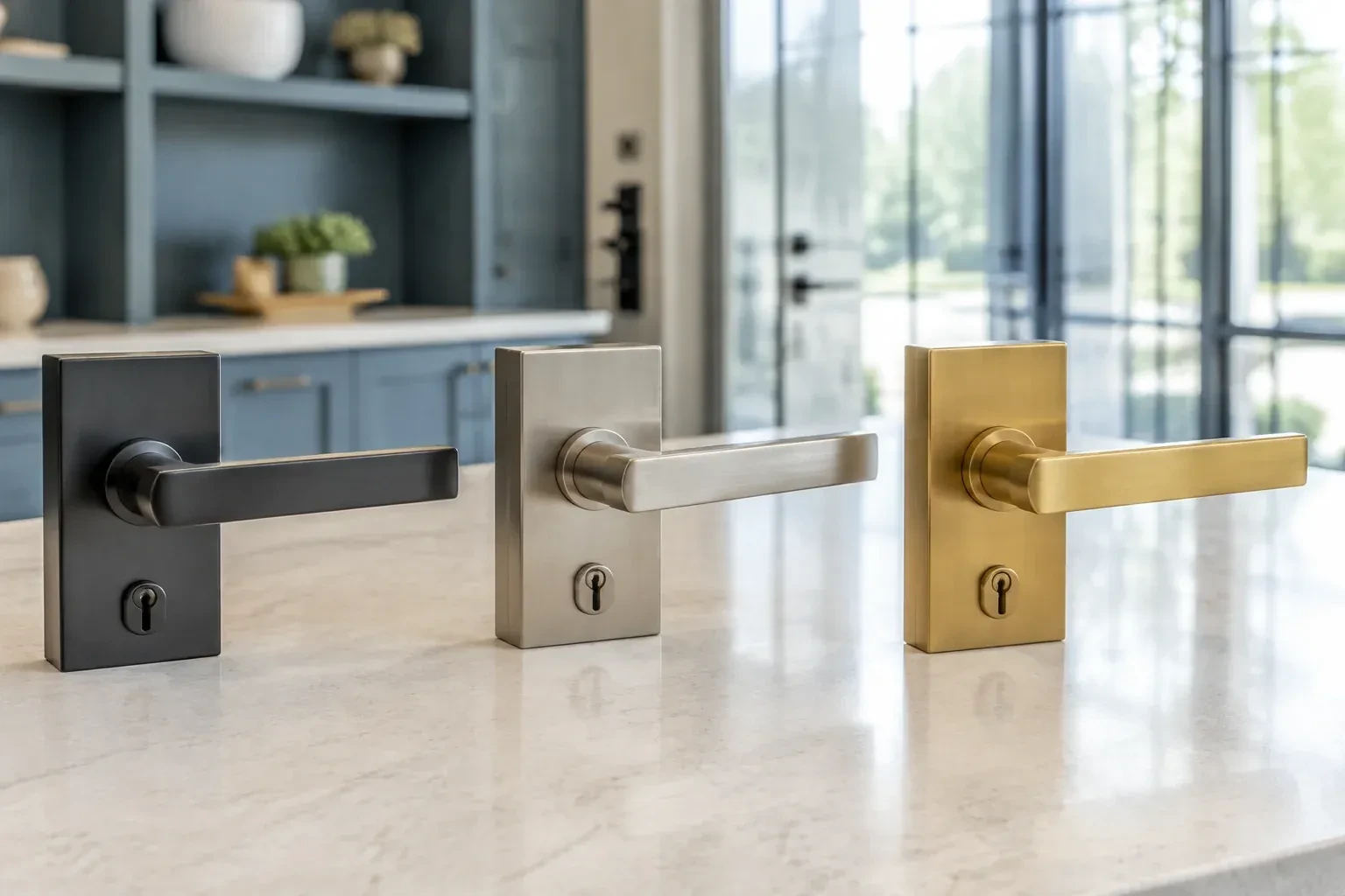 Three rectangular door-handle sets with keyholes in black, silver-colored and gold-colored finishes standing on a countertop. — Commercial Rekeying, Toronto