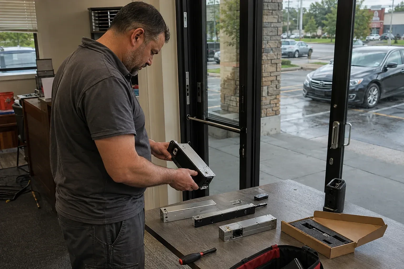 Person holding a rectangular door-hardware housing at a table with additional metal assemblies beside a glass entrance. — Access Control Installation, Toronto