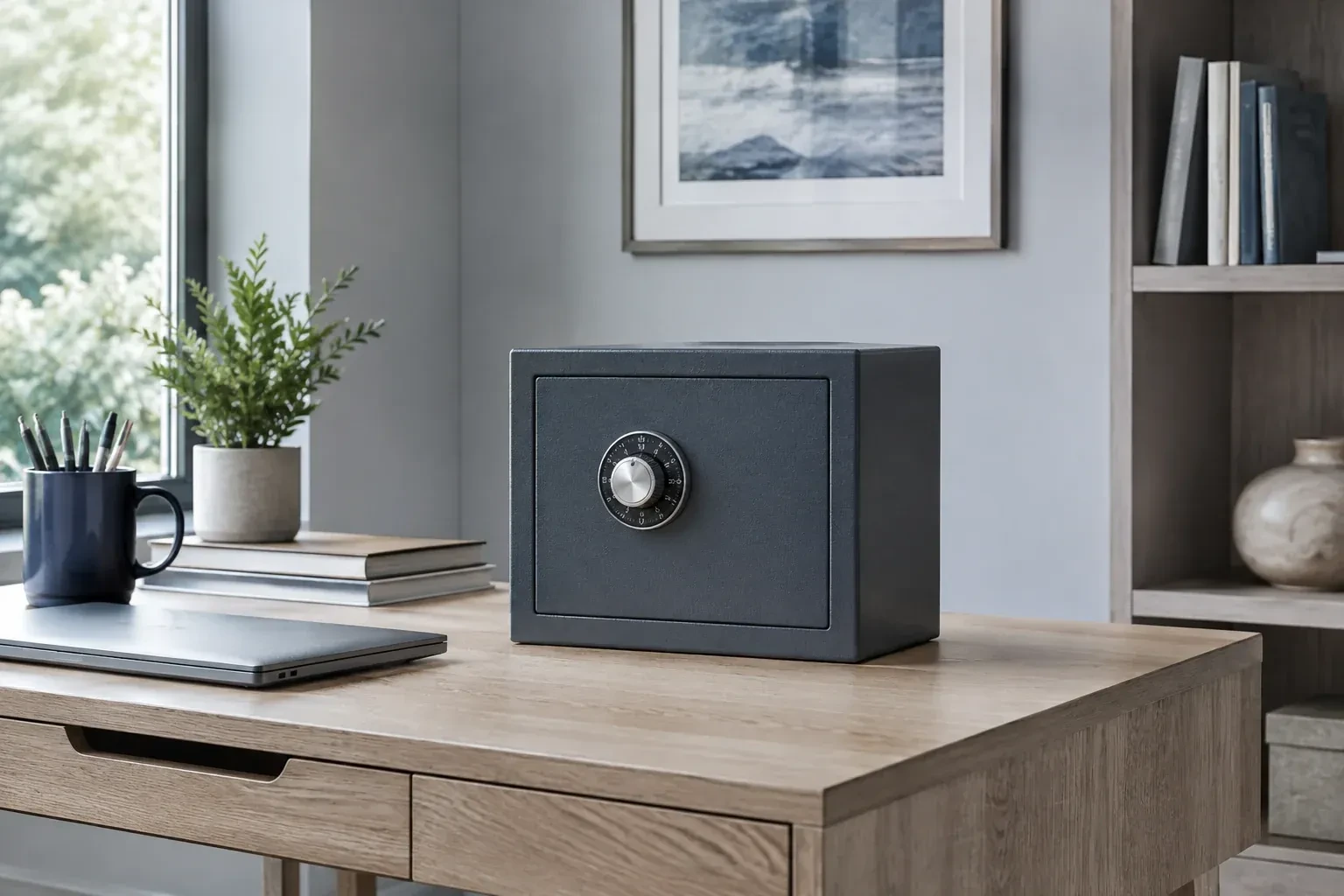 Small dark safe with a combination dial on a wooden desk beside a closed laptop and books. — Safe Opening & Combination Change, Toronto