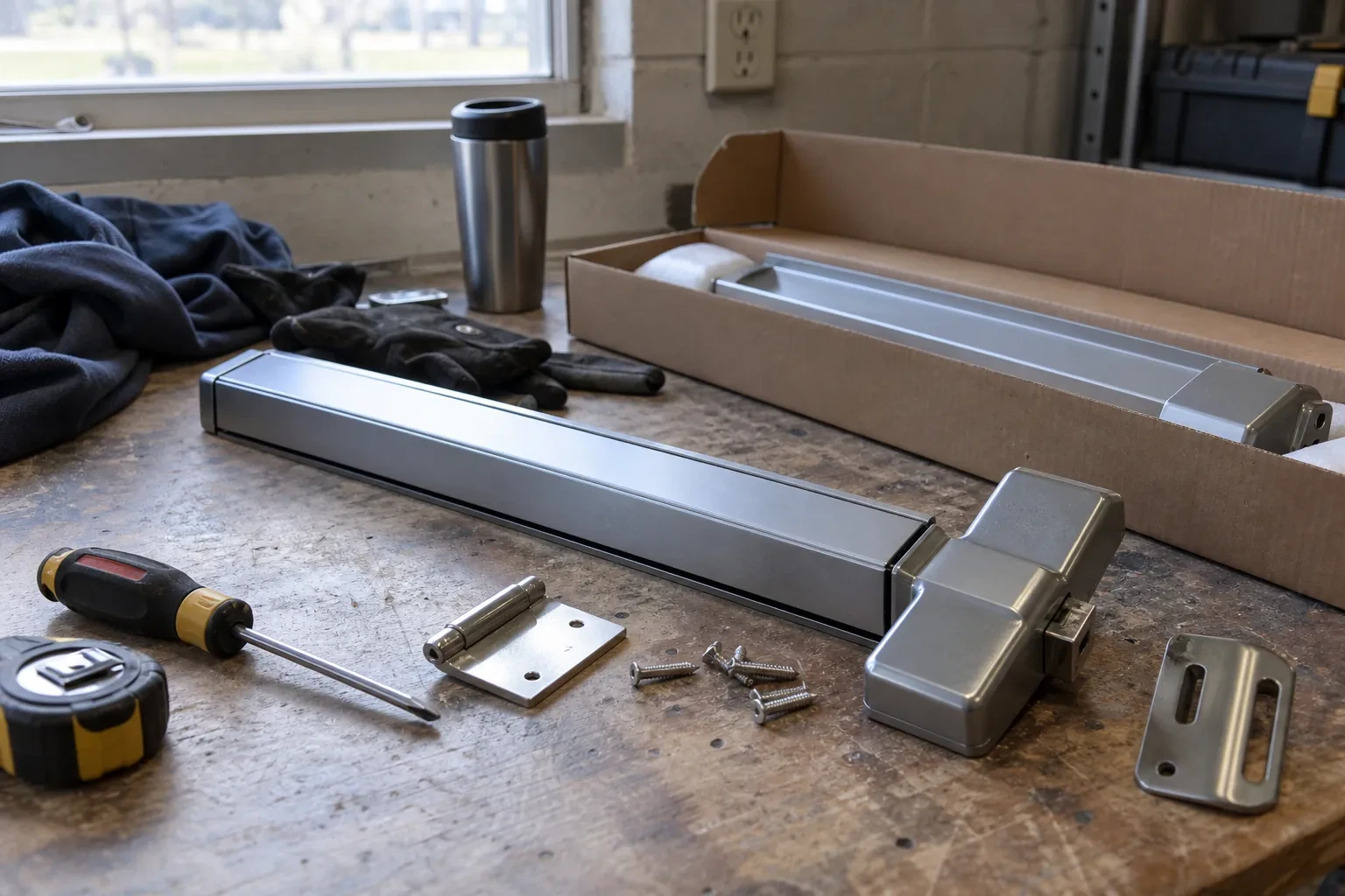 Steel push bar with a latch housing, hinge plate, screws, screwdriver and tape measure on a worn bench beside an open box.