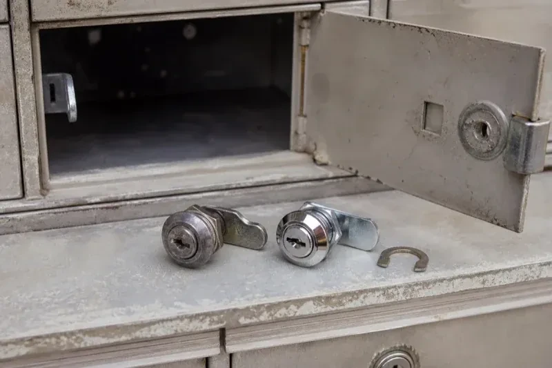 Two loose cam locks and a retaining clip resting below an open metal mailbox compartment. — Mailbox Lock Replacement, Toronto