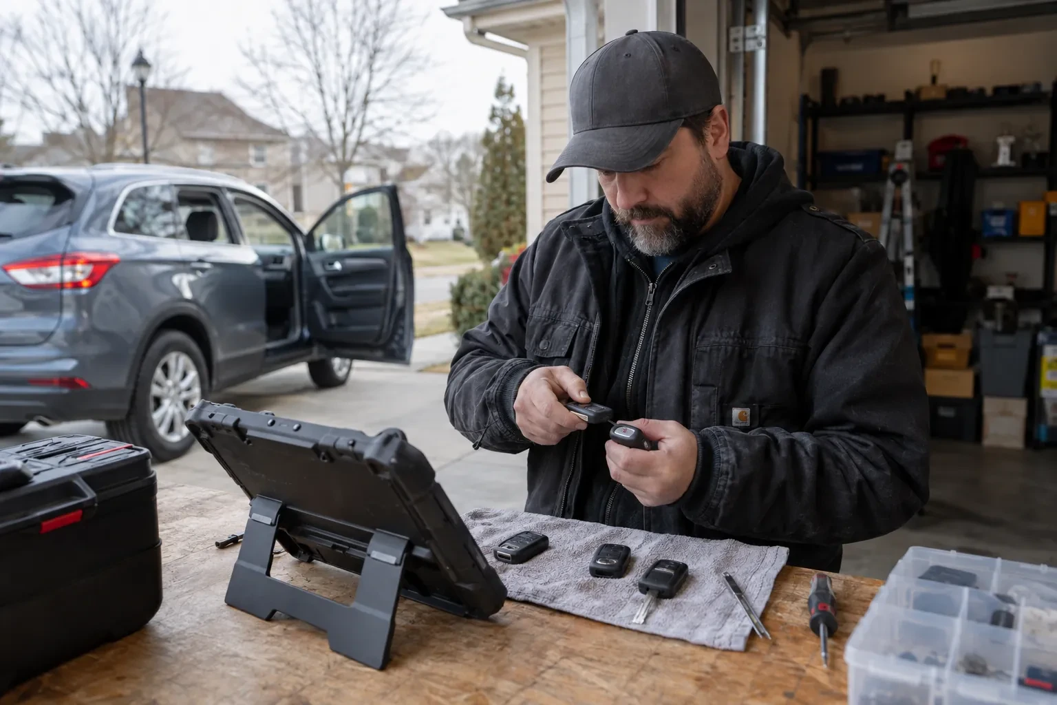 Technician holding two key fobs at a bench with a tablet and three fobs on a gray cloth, an open SUV behind.